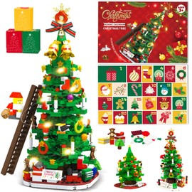 Advent Calendar 2025 Christmas Tree Building Set, 24 Days Countdown Calendar Building Block with LED Lights Xmas Tree Building Toys for Adults Kids Teens Surprise Gifts