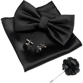 Solid Color mens Pre-tied Bow Tie and Pocket Square Cufflinks Sets with Gift Box - Color: Black Set With Lapel Pin