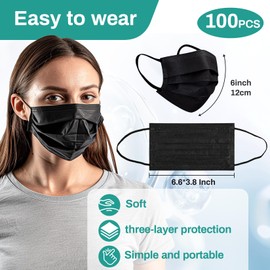 MAQIHAN Black Disposable Face Mask - 3 Ply Black Filter Protection Masks Comfortable, Soft, Breathable Daily Use For Adults Home, Office, School,and Outdoors 100 PCS