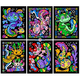Stuff2Color Axolotl Underwater Adventures - 6 Pack of Fuzzy Velvet Coloring Posters for Kids, Toddlers, Girls, and Boys (All Ages Arts and Crafts Activity) - Perfect for Vacation Travel or Plane