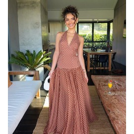 Lingt Chic Women's Polka Dot Halter Neck Sleeveless V-Neck Swing Summer Sundress Casual Retro Cocktail Party Dress