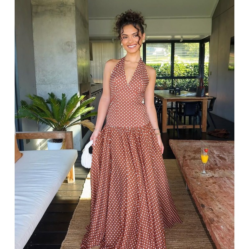 Lingt Chic Women's Polka Dot Halter Neck Sleeveless V-Neck Swing