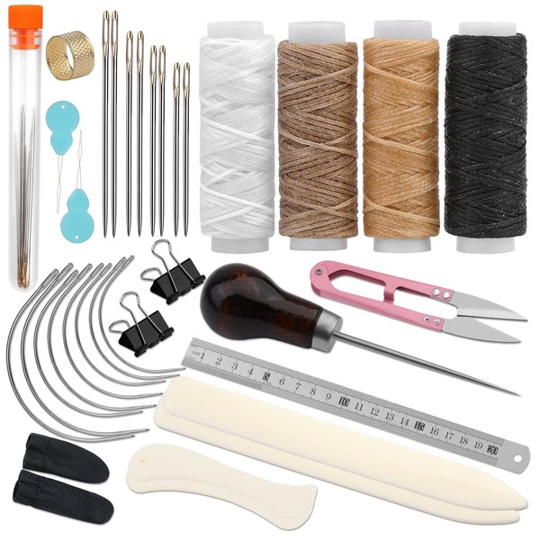 33 Pcs Bookbinding Kits 4 Pcs Bone Folder Paper Creaser Paper Folding Tool Book Binding Supplies with Bookbinding Needle, Waxed Thread, Steel Ruler, Awl for Bookbinding, Paper Card Crafts