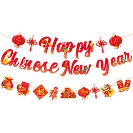 Chinese New Year Decorations 2026 Happy Chinese New Year Banner Lunar Years of The Horse Decoration, Spring Festival Banner Party Supplies Decor Garland for Home Party