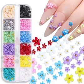 Flower Nail Charms 3D Flowers and Metal Caviar Beads Nail Art Decoration Five Petal Flower Pearl Acrylic Nail Art Stud Accessories for Women Girls DIY Manicures Crafting Decoration