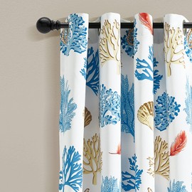 Lush Decor Coastal Reef Feather Light Filtering Window Curtain Panel, Single Panel, 52" W x 84" L, Blue & Coral - Nautical Coral Coastal Curtains - Beachy Curtains for Bedroom, Living Or Dining Room