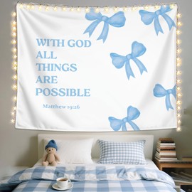 LIANGW Light Blue Bible Verse Christian Wall Tapestry – With God All Things are Possible Bible Blue Bow Aesthetic for Girls Bedroom or Dorm Room,Faith-Based Blue Room Decor Aesthetic, 50x60 Inch