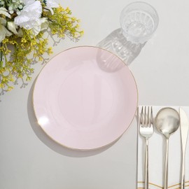 Tableclothsfactory 10 Pack | 8" Glossy Blush Rose Gold Round Plastic Dinner Plates with Gold Rim, Disposable Party Plates
