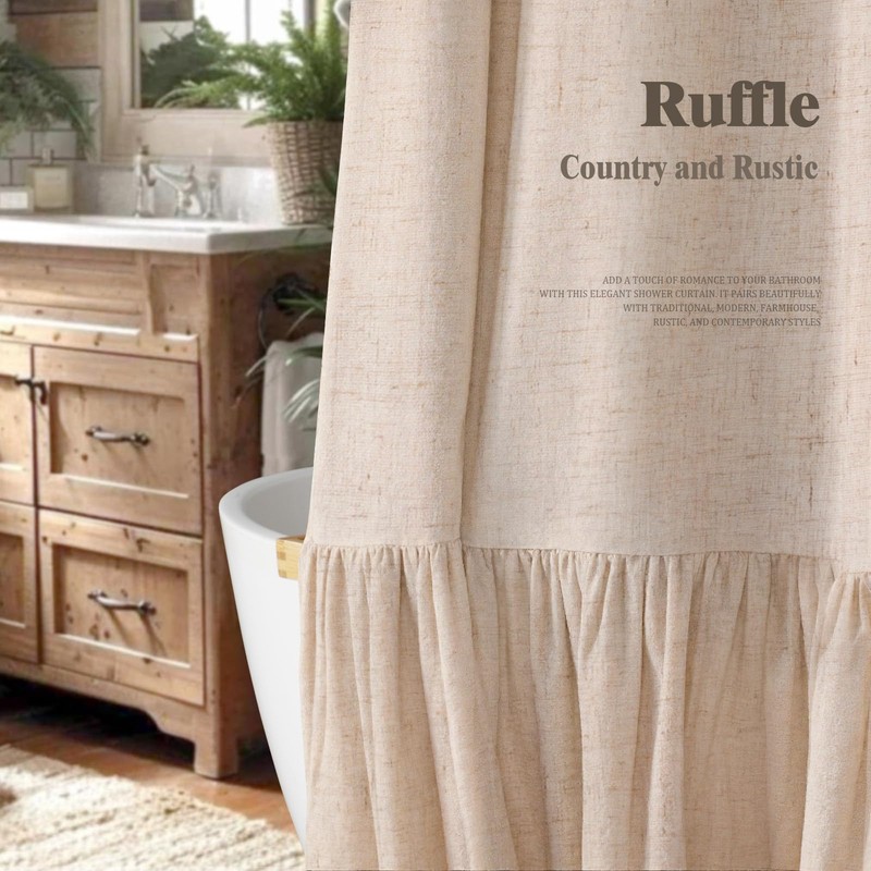XOGUIBO Farmhouse Shower Curtain with Ruffle Hem Linen Beige Shower