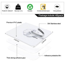 ZESLMG Adhesive Hooks Wall Hooks for Hanging, 48 Pack Heavy Duty Self Sticky Hooks 22lb(Max) Stainless, Waterproof Oilproof Utility Hooks for Coat Keys Bathroom Shower Kitchen Wardrobe Outdoor, Clear