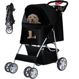 Azaeahom Pet Stroller, 4 Wheels Pet Strolling Cart for Medium/Small Dogs and Cats, Foldable Cat Jogger/Dog Stroller with Cup Holder, Storage Basket, Breathable Mesh, All-Season Pet Carrier, Black