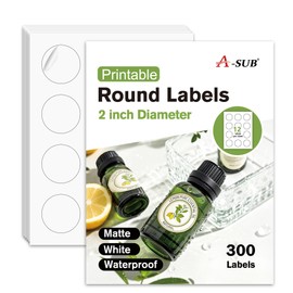 A-SUB 2 Inch Round Label Stickers for Inkjet or Laser Printer, Waterproof Matte White, 300 Printable Circle Stickers for Custom Logo, Thank You Labels