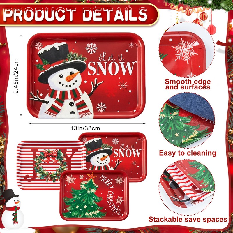 3Pcs 13x10 Inch Christmas Serving Trays Set Xmas Platters Dishes