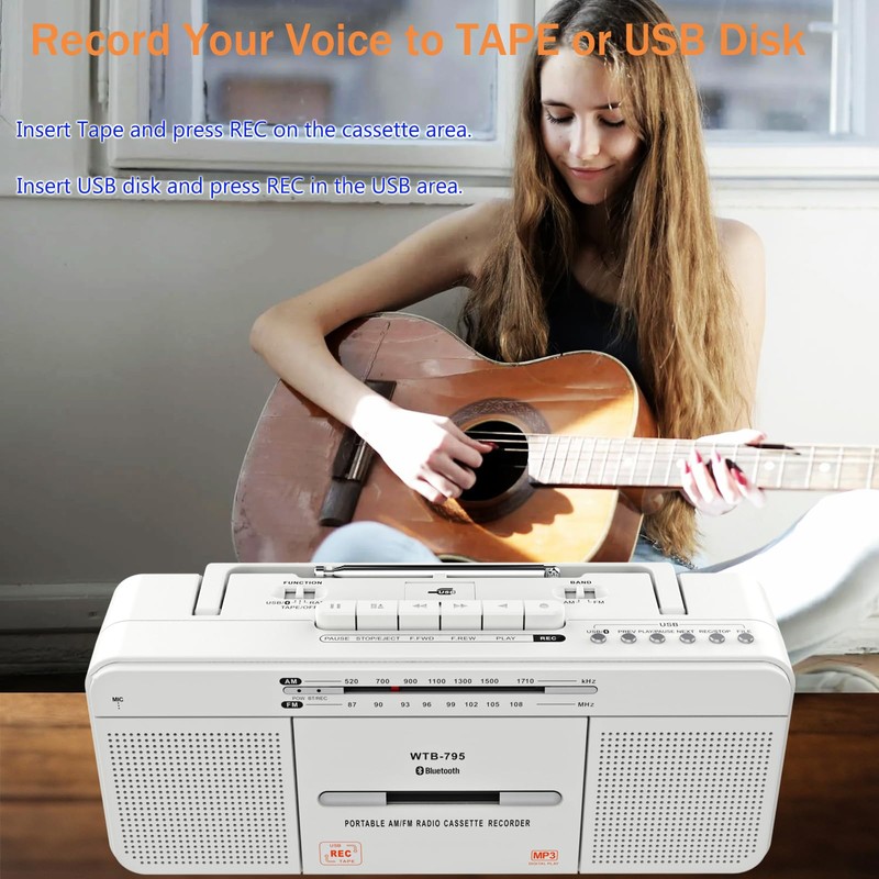 Cassette Player Boombox, Portable AM/FM Radio Stereo with Bluetooth, USB,
