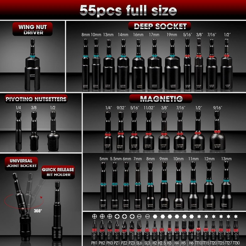 LLNDEI Magnetic Impact Nut Driver Set, 55PCS 1/4 socket set