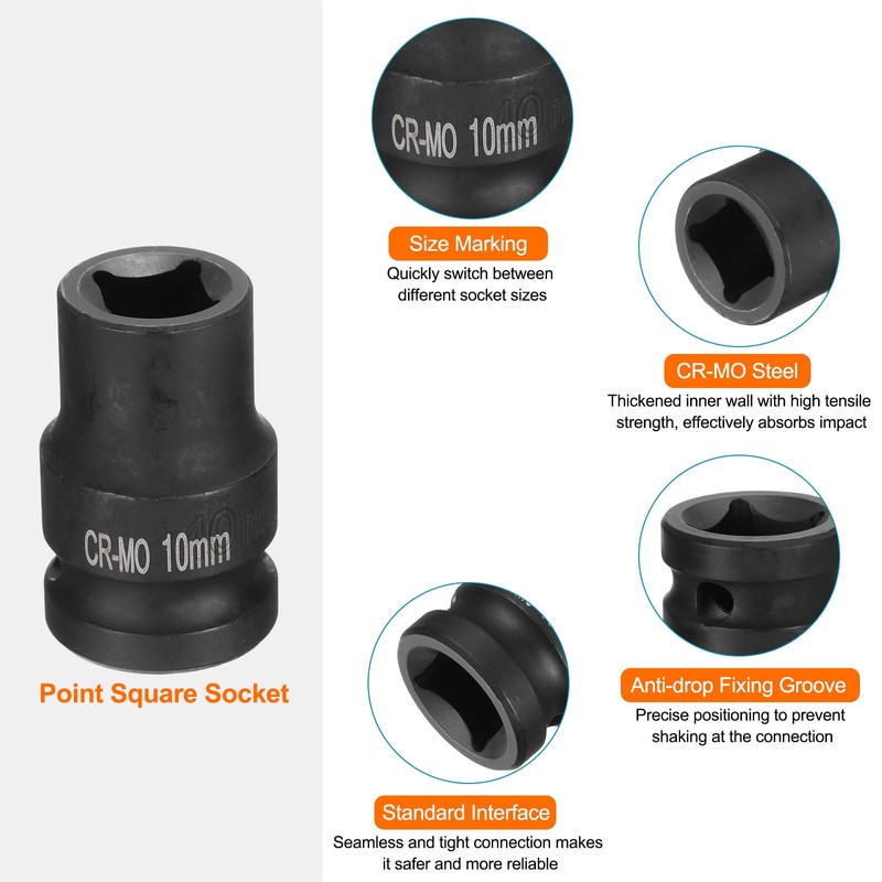 sourcing map 2pcs 4 Point Square Socket 1/2" Drive 10mm