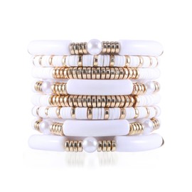 Neovivi White Clay Bead Bracelet for Women, 8 PCS Preppy Bracelets Stack Bangle Bracelets Bamboo Tube Heishi Beads Chunky Bracelets for Women