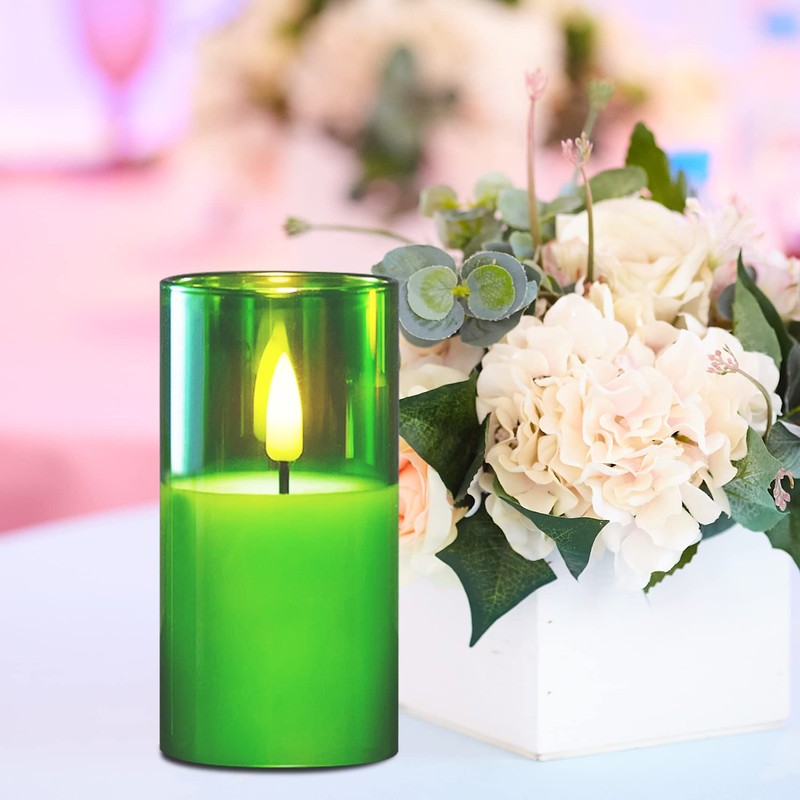 Girimax Green Glass Flameless Candles with Remote, Flickering LED Votive