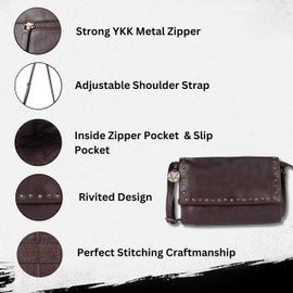 Genuine Italian Leather Boho Studded Crossbody Shoulder Bag - Stylish, Durable, & Perfect for Everyday Use for women, Brown, Small