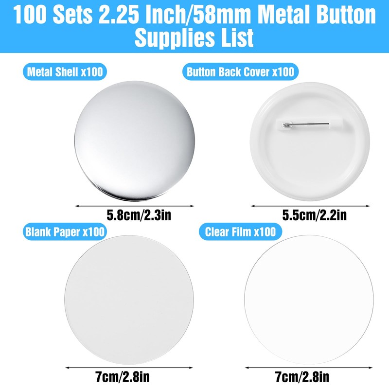 100 Sets 2.25 Inch Button Making Supplies, Complete 58mm Pin