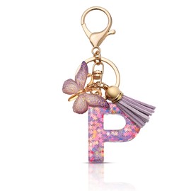 CHUQING Keyring Girl Key Ring Letter Key Pendant Butterfly Keyring with Initial Letters Women Keychain Gift, Purple-P