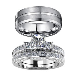 Ringcrown Couple Rings White Gold Plated 925 Sterling Silver Ring Square 1.5CT CZ Women Wedding Ring Sets Men Titanium Steel Ring