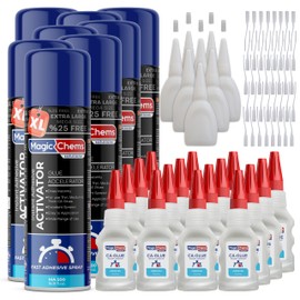 Magic Chems CA Glue with Activator (16 x 3.5 oz + 8 x 16.9 fl oz), Cyanoacrylate Glue and Activator, Super Glue with Activator, CA Glue and Accelerator, Medium (8 Pack)