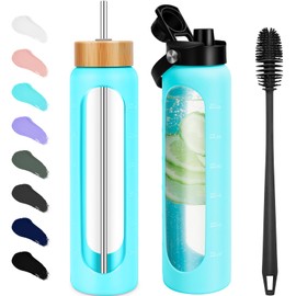 FULBEVY 32 oz Glass Water Bottles - 1 Liter Motivational Tumbler Water Bottle Time Marker - Borosilicate Glass Water Bottle With Silicone Sleeve and 2 Lids, Handle Spout & Bamboo Straw Lid