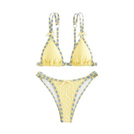 WDIRARA - Conjunto de bikini de 2 piezas con lazo, triángulo, con textura, bonito traje de baño, Amarillo, Large