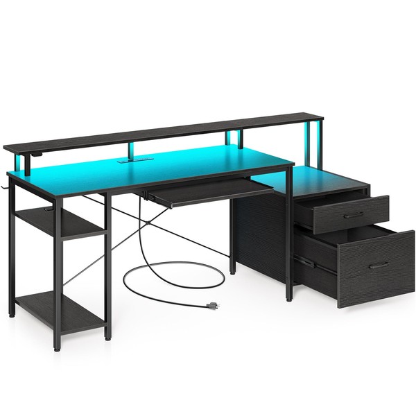 Rolanstar Computer Desk 63" with File Drawer, Gaming Desk with LED Light & Power Outlets, Home Office Desk with File Cabinet & Storage Shelves, with Monitor Stand & Keyboard Tray, Black