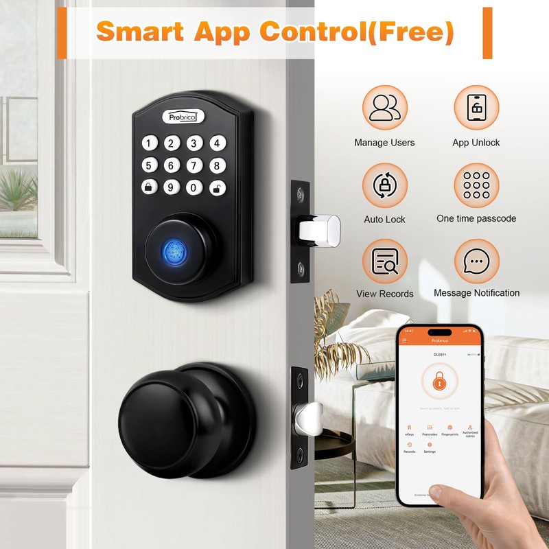 Probrico Smart Keyless Entry Door Lock with Knob Set, Fingerprint
