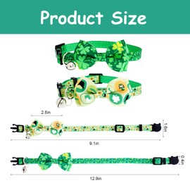 Sucrain 2 Pack St. Patrick's Day Cat Collar with Bow Tie Bell, Kitten Collar with Removable Bow Tie Adjustable Length with Shamrock Pattern for Cats Kittens Puppy Holiday Celebration (Green)
