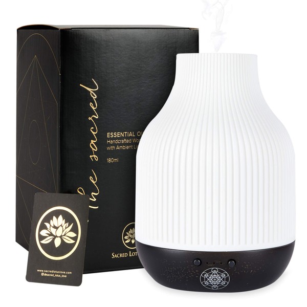 Essential Oil Diffuser Lamp, White Ceramic + Black Wood, Ultrasonic 180ml Whispersoft, 4 Timers | 5 Light Settings, Auto Shut Off, Home + Office, Humidifier Air Purifier Aromatherapy
