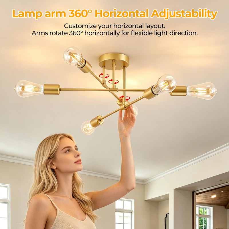YCZM Modern Sputnik Chandelier, 6-Lights Mid Century Semi Flush Mount