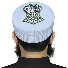 Men's Premium Islamic Embroidered Sandal Skull Cap Hat Topi Takke for Muslim Men Turban Kufi (US, Alpha, Large, White)
