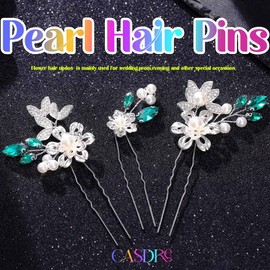 CASDRE Crystal Bride Wedding Hair Pins Pearl Bridal Hair Pieces Flower Hair Accessories for Women (Pack of 3) (Green, One Size)