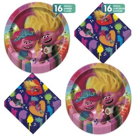 Trolls Party Supplies - Trolls Movie Paper Dinner Plates and Lunch Napkins (16 Plates & Napkins)