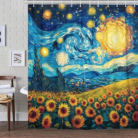 MERCHR Sunflower Starry Night Art Shower Curtain, Vintage Fantasy Nature Oil Painting Fall Flower Fabric Shower Curtains Set for Bathroom Decorative, Restroom Decor Accessories with Hooks 72X72 inch