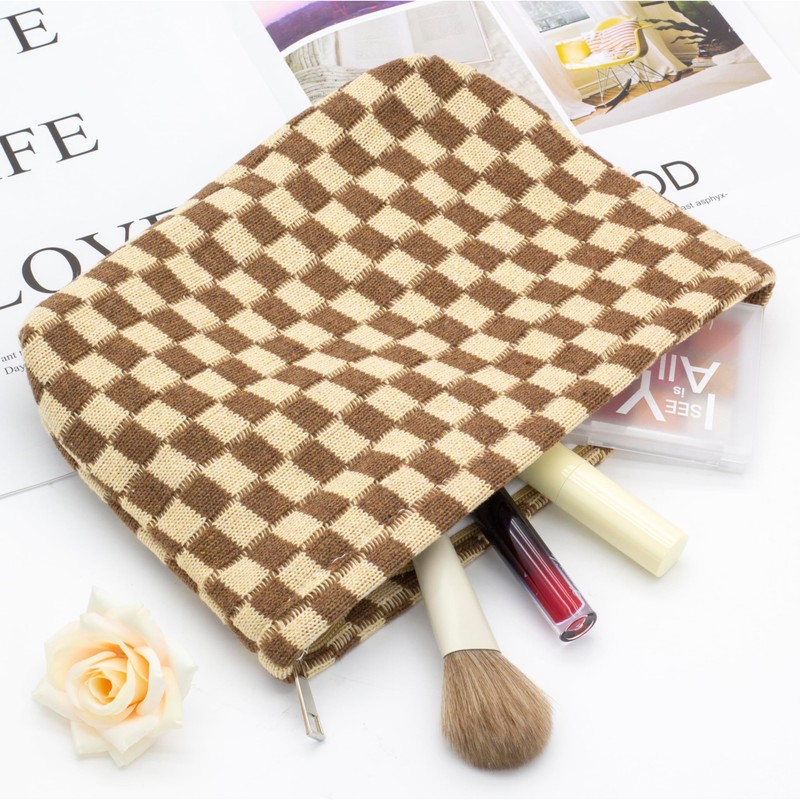 PAZIMIIK Knitted Checkered Makeup Bag Large Zipper Make Up Accessory