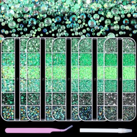 Sinyanail Green Flatback Rhinestones Kit for Nails, 12780pcs 2-6mm Mixed Sizes Crystals AB Transparent Jelly Rhinestones Stones Round Manicure Gems with Pickup Pen and Curved Tweezer (5 Box-Green)