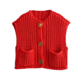 Bozanly Womens Chunky Knit Sweater Vest Cute Button Down Sleeveless Crop Crochet Cardigan Vest(0880-Red-S)
