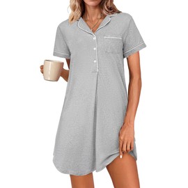 Jahetuul Women's Nightdress Short Sleeve V-Neck Button Down Sleepshirt Soft Nightwear Loose Nightgown Comfortable Sleepwear Nightshirts Grey