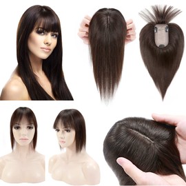 SEGO 120% Density Hair Topper With Bangs Silk Base Human Hair Top Hair Pieces Clip in Crown Topper for Slight Hair Loss Thinning Hair Cover Gray Hair -12 Inch Dark Brown