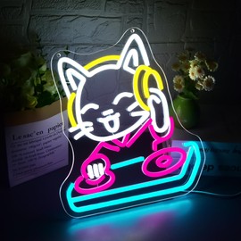 DJ Cat Neon Sign for Wall Decor Dimmable Cat Music Neon Light for Man Cave LED Light Up Sign for Music Room Studio Stage Dancing Hall Bar Bedroom Party Birthday Gift Art 13.6 * 11.8In (WZCP220)