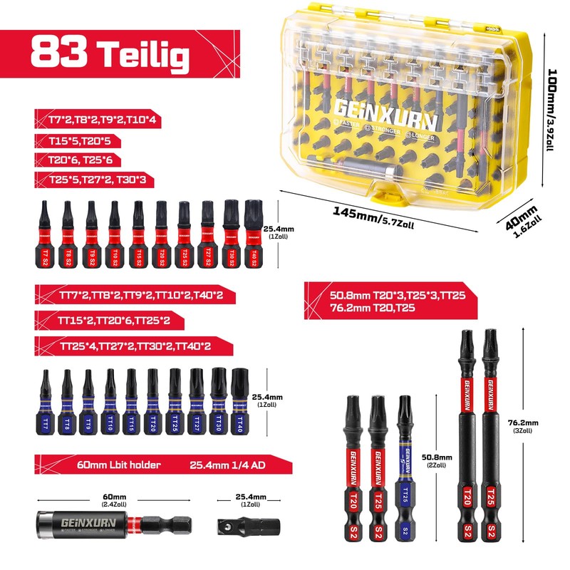 Geinxurn 83-Piece Impact Resistant Screwdriver Bits Set Torx / Security