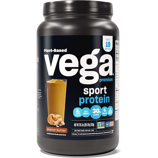 Vega Sport Premium Vegan Protein Powder, Peanut Butter - 30g Plant Based Protein, 5g BCAAs, Low Carb, Keto, Dairy Free, Gluten Free, Non GMO, Pea Protein for Women & Men, 1.8 lbs (Packaging May Vary)