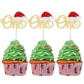 24 decoraciones de Navidad para cupcakes con purpurina, sombrero de Papá Noel, decoración para tartas de primer cumpleaños, decoración para Navidad, baby shower, niños, suministros para fiesta de primer cumpleaños, color dorado