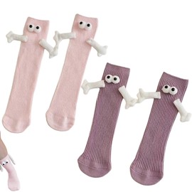 LPMXYW 2 Pairs Friendship Socks Couple Holding Hands Socks Funny Magnetic Suction 3D Doll Couple Socks Cute Funny 3D Holding Hand Purple and Pink Novelty Unisex Mid-Tube Socks for Women Men Children