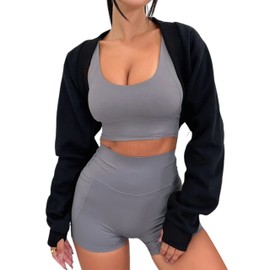 MISSACTIVER Women's Long Sleeve With Thumb Hole Bolero Shrug Top Open Front Fleece Loose Fit Cropped Shawl Sweatshirt Workout (Large, Black)