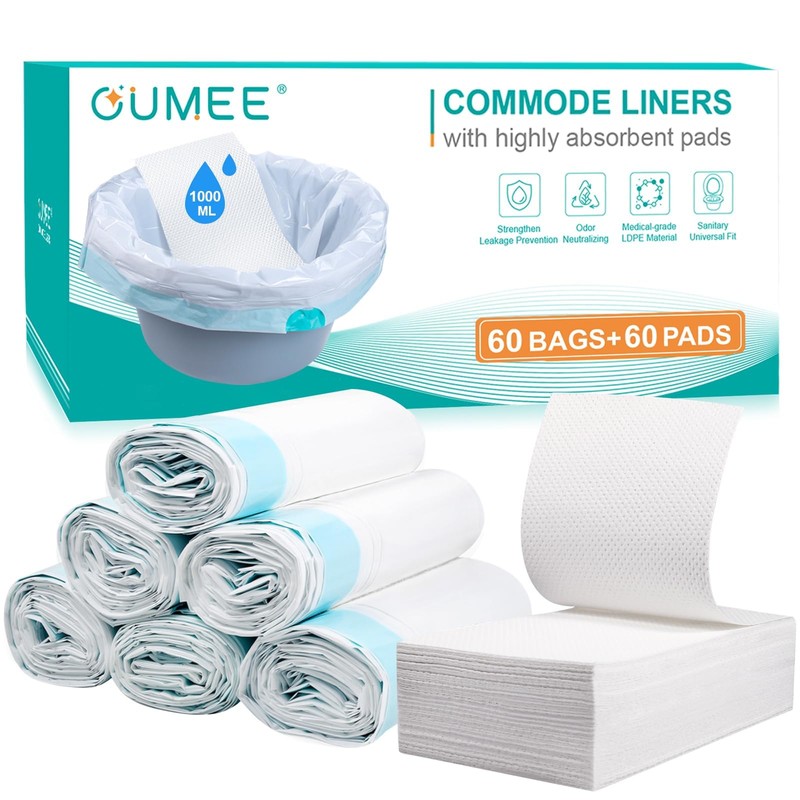 60 Commode Liners with Absorbent Pads, 60 Bedside Commode Liners